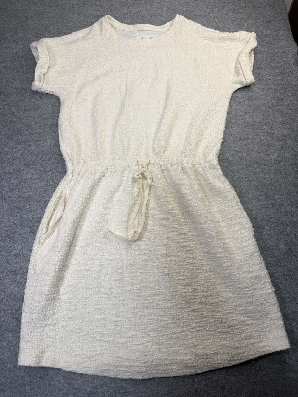 Lou & Grey For Loft Dress Size M White Tweed Knit Drawstring Pockets